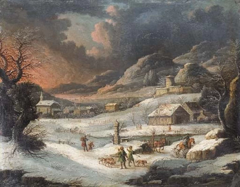 Johann Christian Vollerdt - 114, Un paesaggio invernale montuoso con cacciatori in primo piano